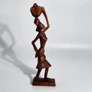 African Carved Wooden Sculpture Female Figure Carrying Urn on Her Head Vintage